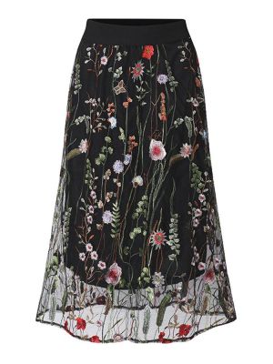  zooon  123 קנית מה שהוא מחוחד Bohemian Women Black Elastic Waist Floral Embroidered Mesh A-Line Midi Skirts